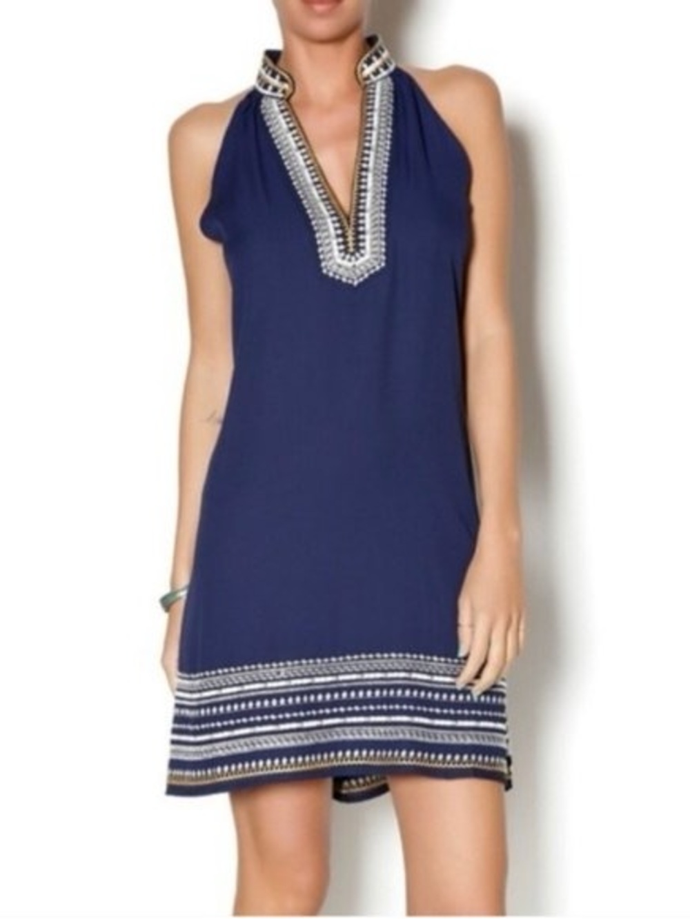 THML Navy Chana Summer Dress, V-neck and white embroidered details